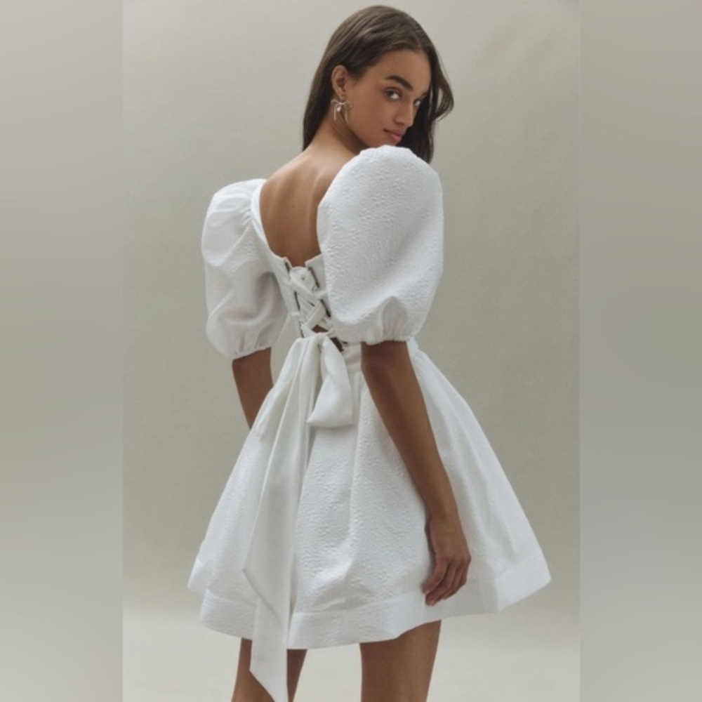 NWT Anthropologie BHLDN Chloe Puff-Sleeve Square-Neck Jacquard Mini Dress